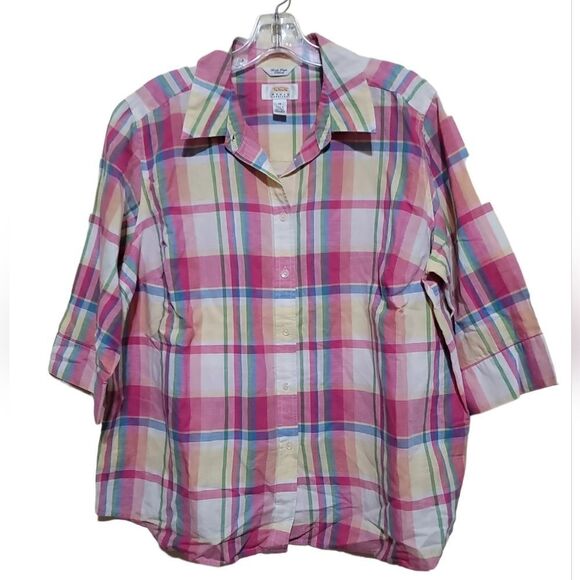 Talbots Pink Multicolored Plaid Women's LinenBlend Shirt Sz 1X - Picture 1 of 7